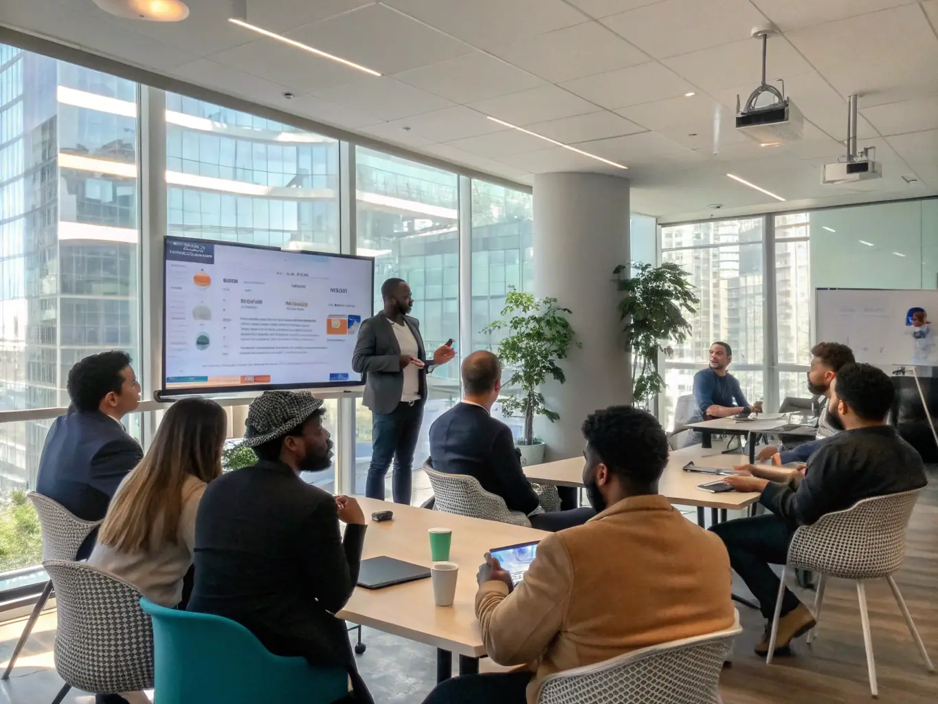 A panel of experienced investors is carefully evaluating startup pitches in a modern auditorium, with founders presenting their innovative ideas and business plans, capturing the essence of Braventure's investment opportunities.