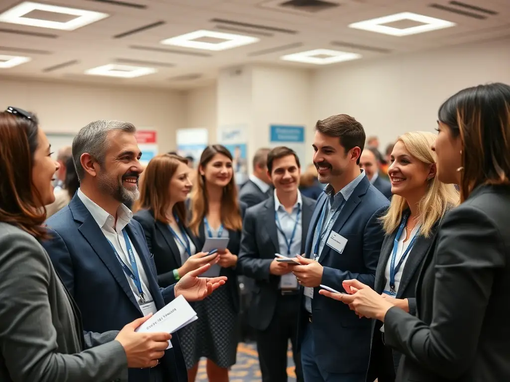 A group of professionals are networking at a Braventure event, exchanging business cards and engaging in lively conversations, showcasing the vibrant community and collaborative spirit fostered by Braventure's events.